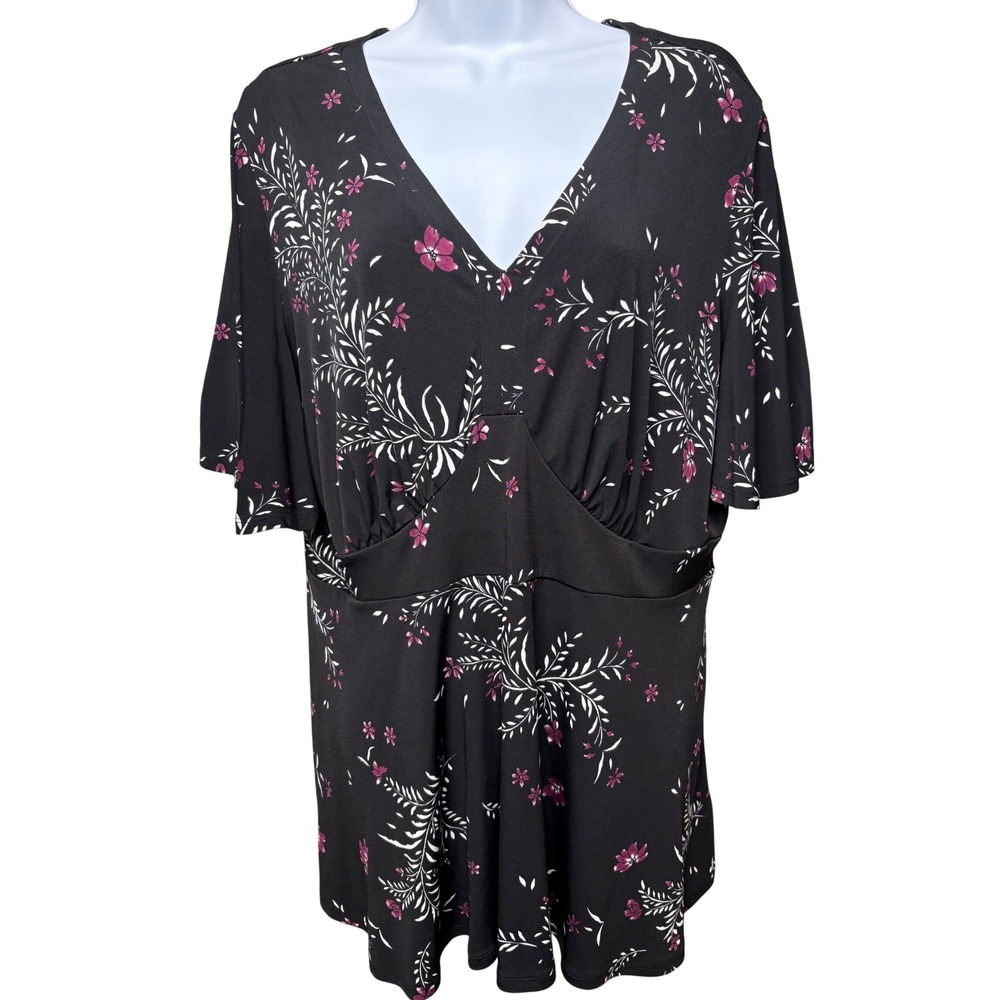 TORRID Black Floral V-Neck Empire Waist Top Sz 0/12 Flutter Sleeve Flowy Career